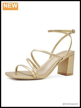LACUONE Strappy Heeled Sandals Square Toe Ankle Strap Block Heel